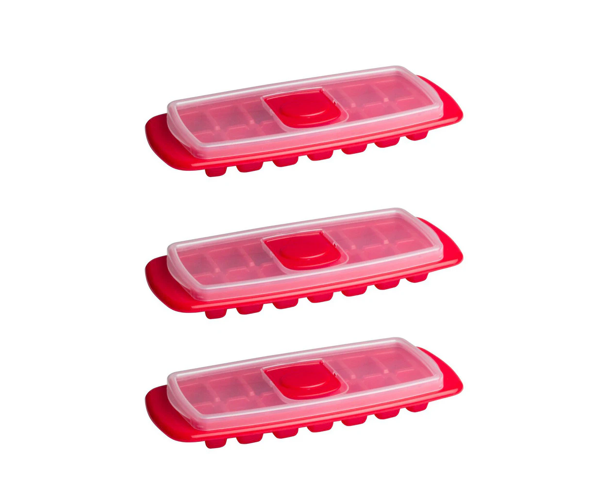 3x Cuisena 30cm Airtight Stackable Ice Cube Tray Maker Freezer Mould w/ Lid Red