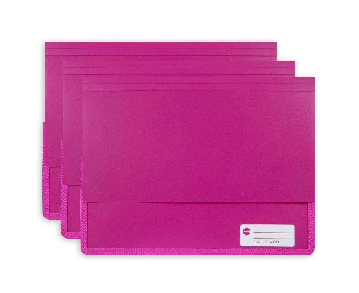 3PK Marbig Wallet A4 Page Heavy Duty Polypick Document Sleeve/Folder Pink