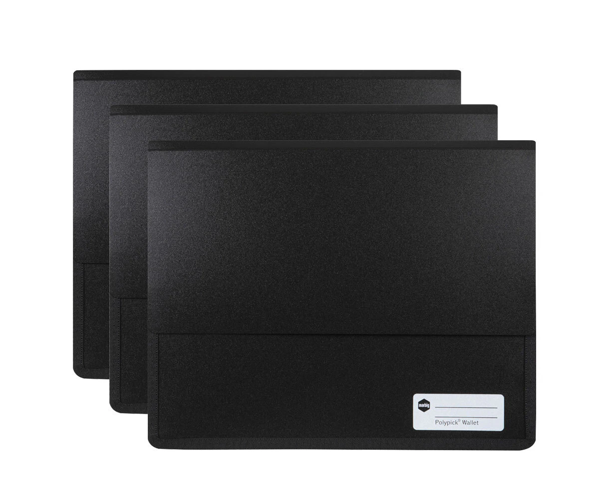 3PK Marbig Wallet A4 Page Heavy Duty Polypick Document Sleeve/Folder Blk