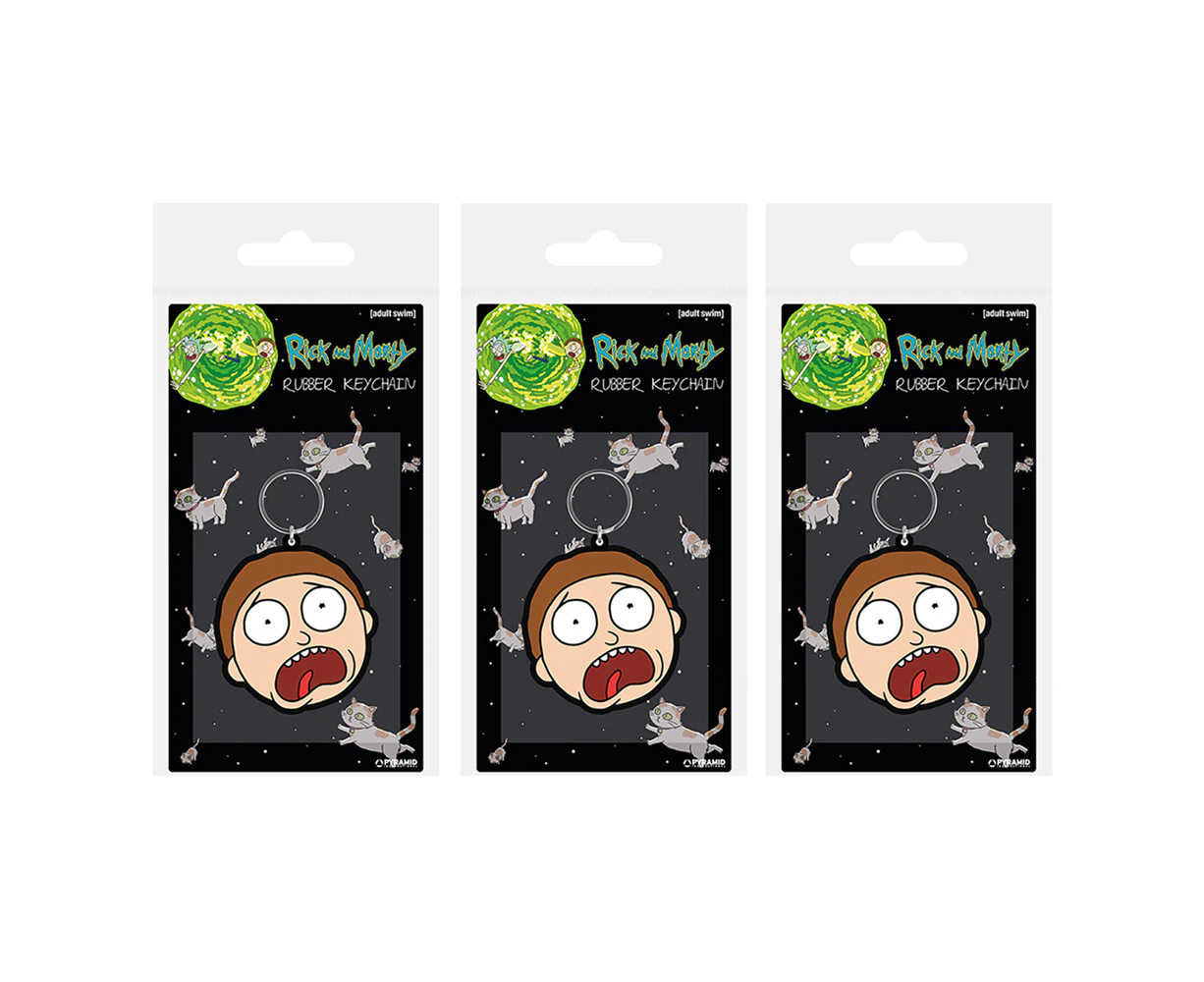 3x Adult Swim Rick and Morty Themed Morty's Face Durable Rubber Keyring/Keychain