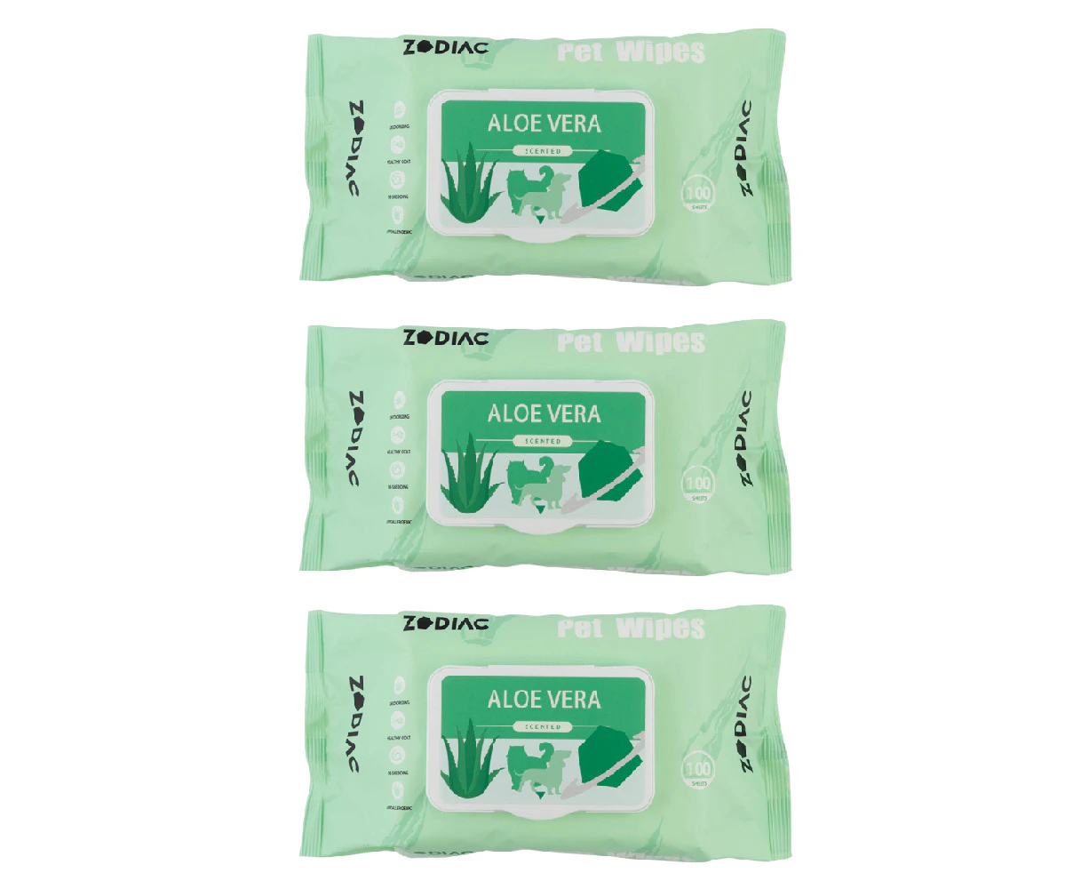 3x 100pc Zodiac Aloe Vera Scented Grooming/Cleaning Pet Dog/Cat Antibac Wipes