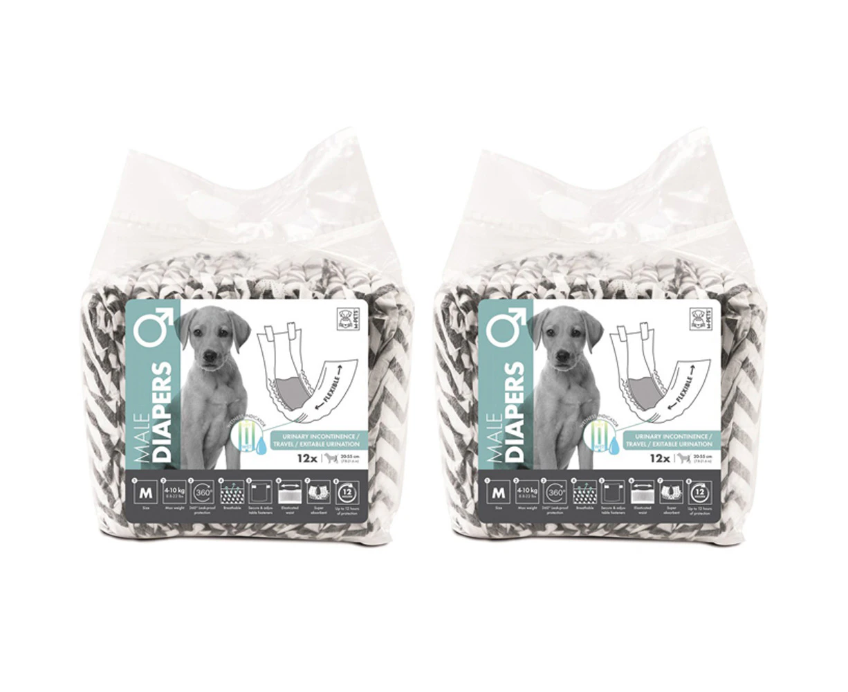 2x 12pc M-Pets Male Dog/Puppy Pet Diapers Breathable Medium w/ Witness Indicator