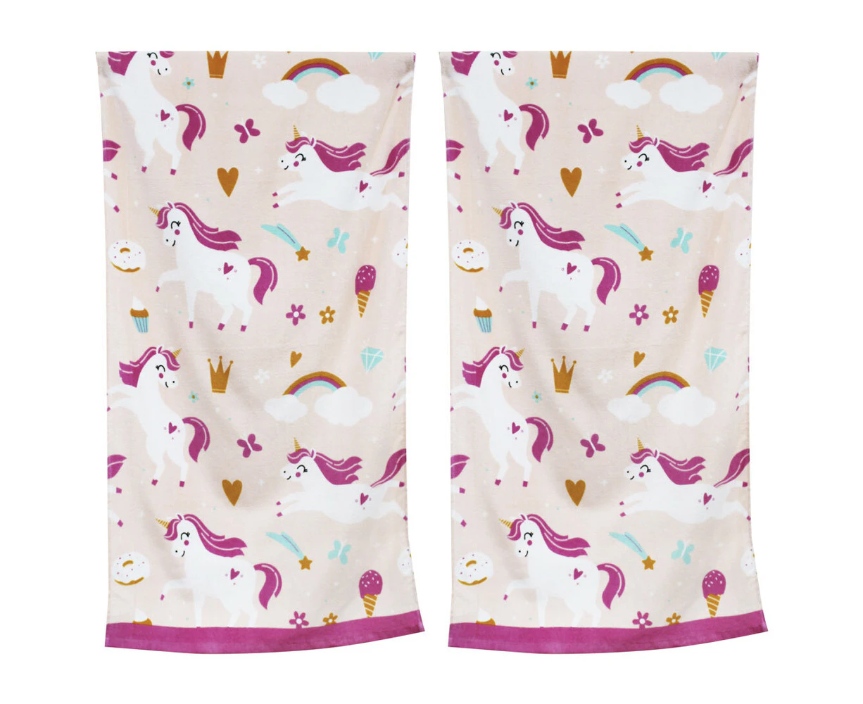 2x Onkaparinga Kids 60x120cm Beach Towel Absorbent Cotton Unicorns & Rainbows