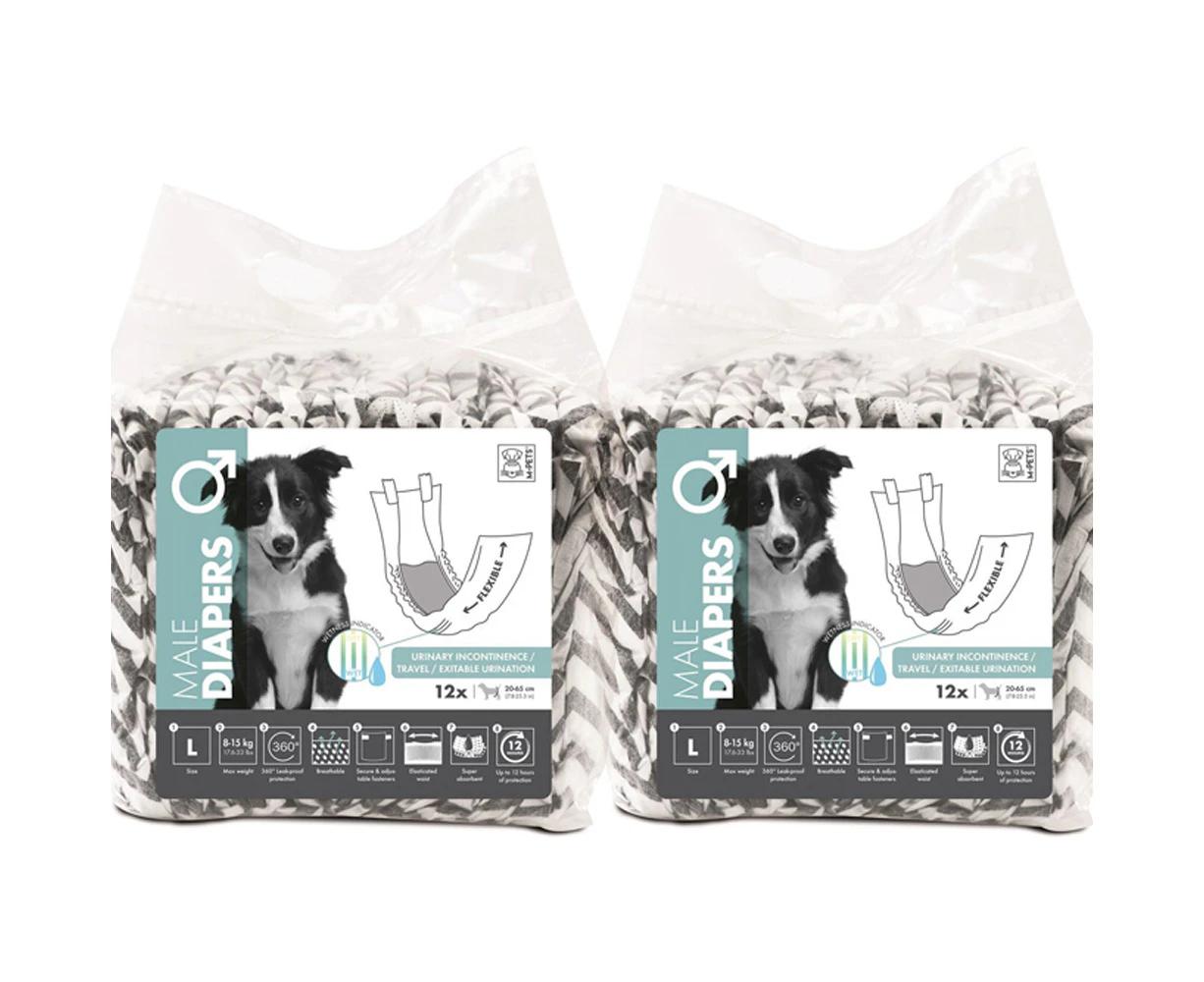 2x 12pc M-Pets Male Dog/Puppy Pet Diapers Breathable Large w/ Witness Indicator