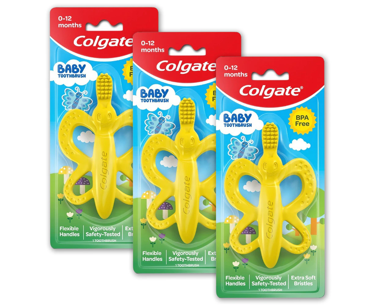 3PK Colgate Baby Training Toothbrush Silicone Teether 0-12m Butterfly Yellow