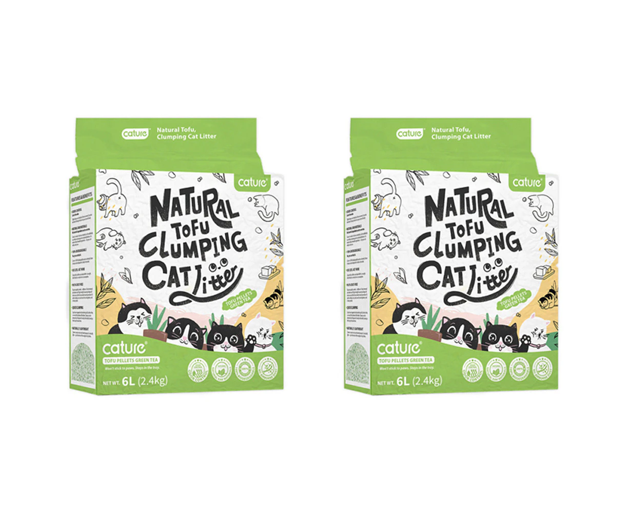 2x Cature 6L/2.4kg Natural Tofu Clumping Cat Litter Pellets Green Tea Flushable