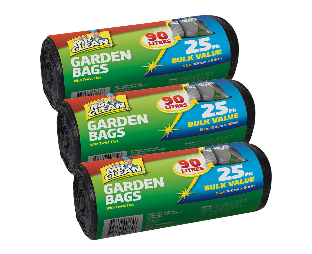 75pc Mr Clean 100x80cm Garden Bags 90L Waste/Clippings Storage w/ Twist Ties BLK