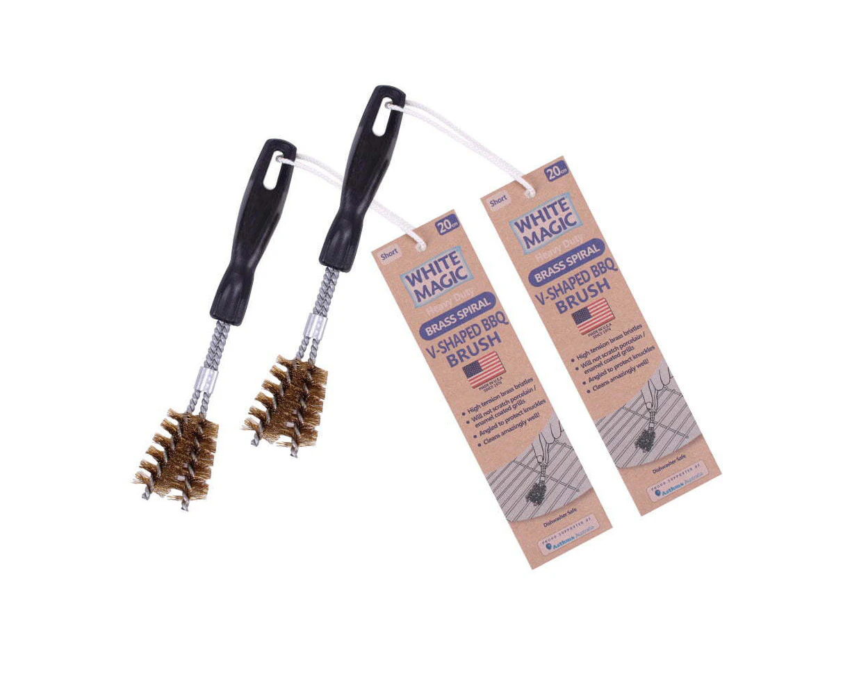 2x White Magic Brass Spiral 20cm Barbecue Grill Brush Short V-Shaped Cleaner BLK