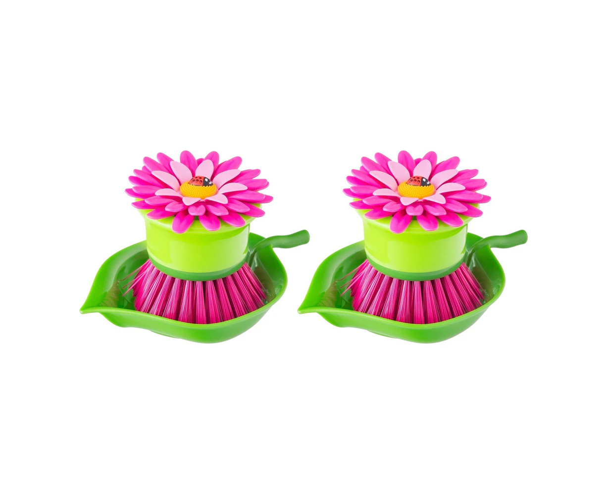 2x Vigar Flower Power Non-Scratch Palm Dish Brush w/Holder Cleaner Scrubber Pink