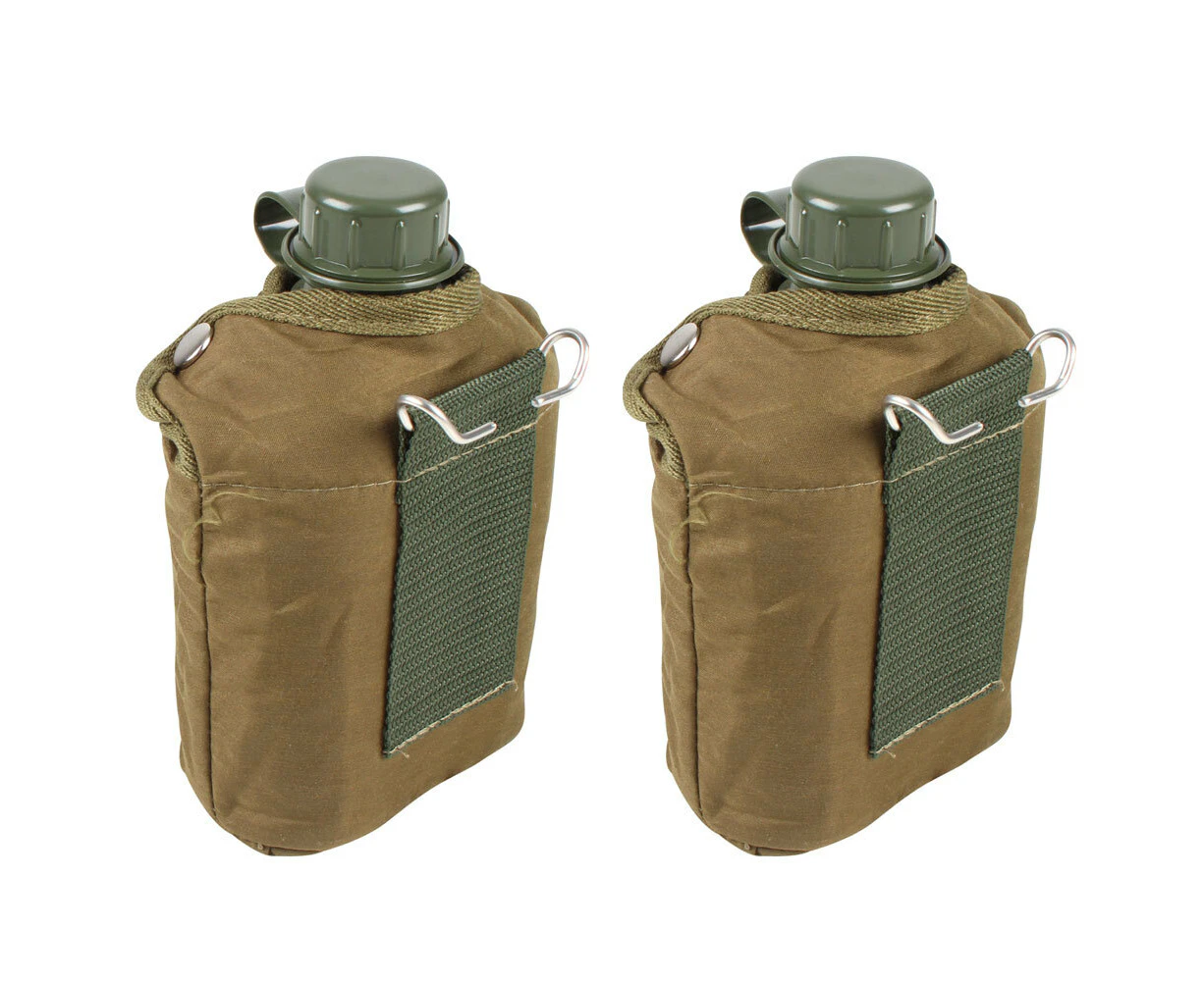 2x Wildtrak 1qt Spill-Proof Canteen Camping Water Container w/ Cover Army Green