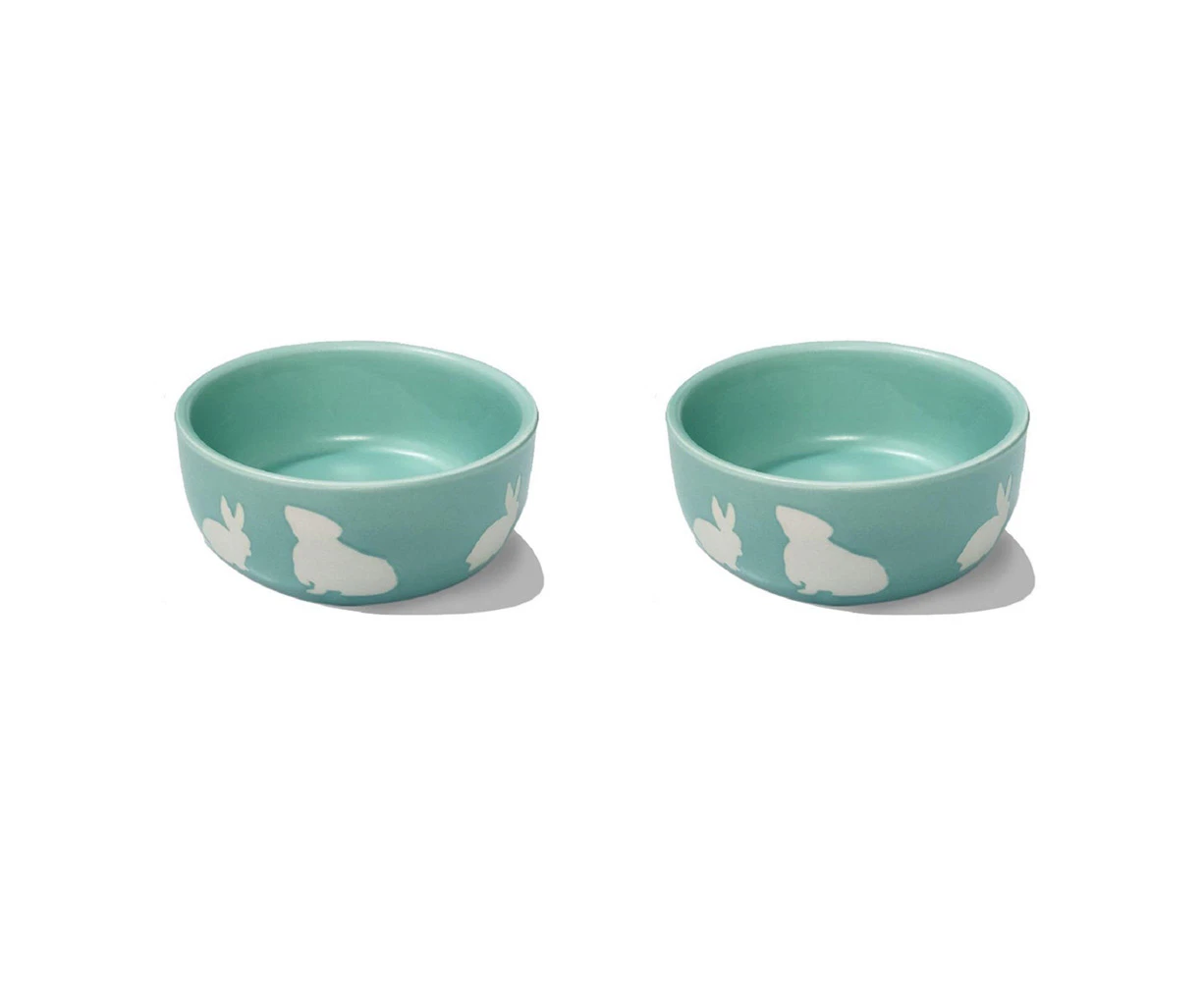 2x Nature Island Ceramic 11.5cm Print Rabbit & Guinea Pig Feeding Pet Bowl Green