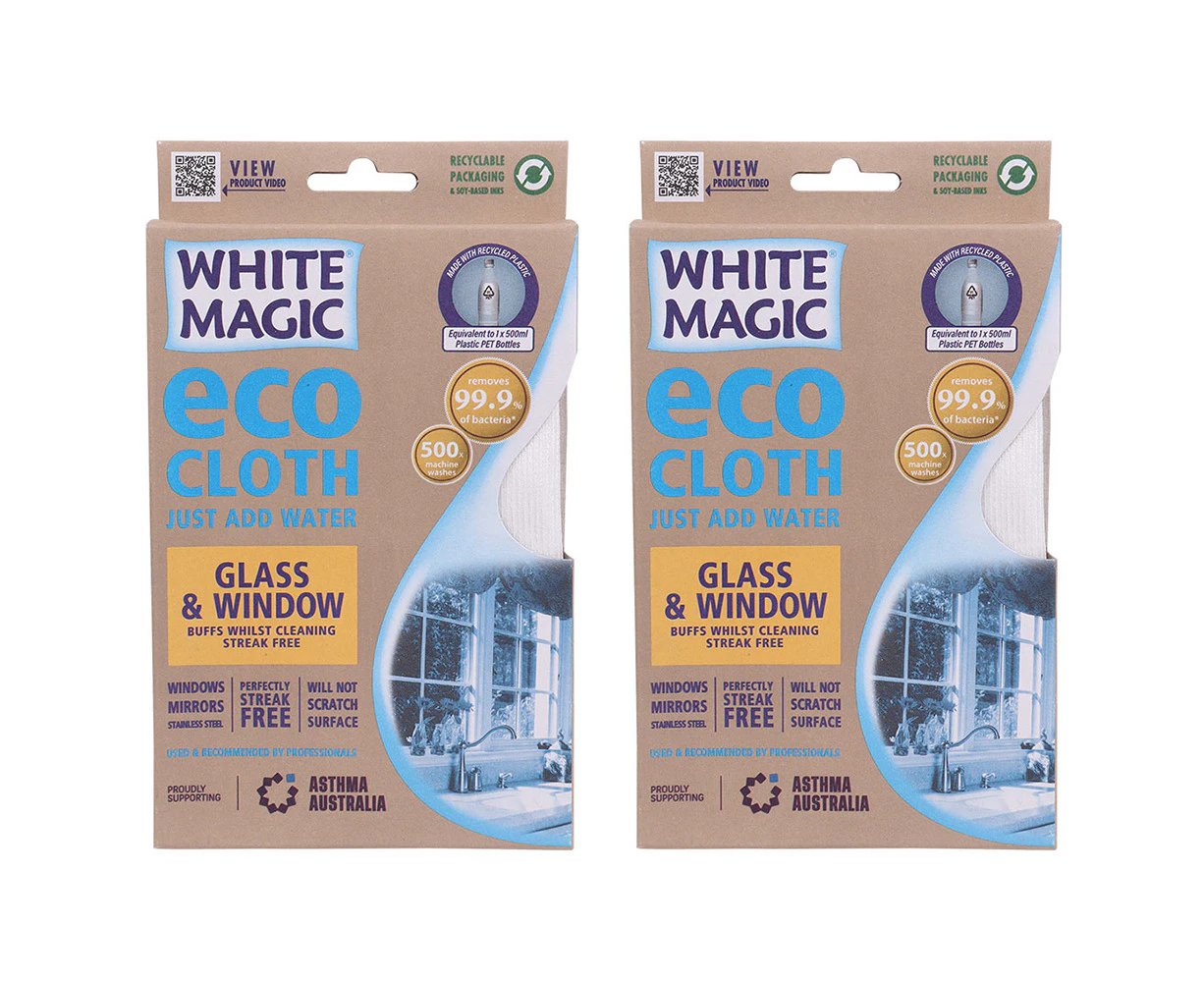 2x White Magic Eco Cloth Microfibre Glass/Window/Mirror/Steel Cleaner/Washer