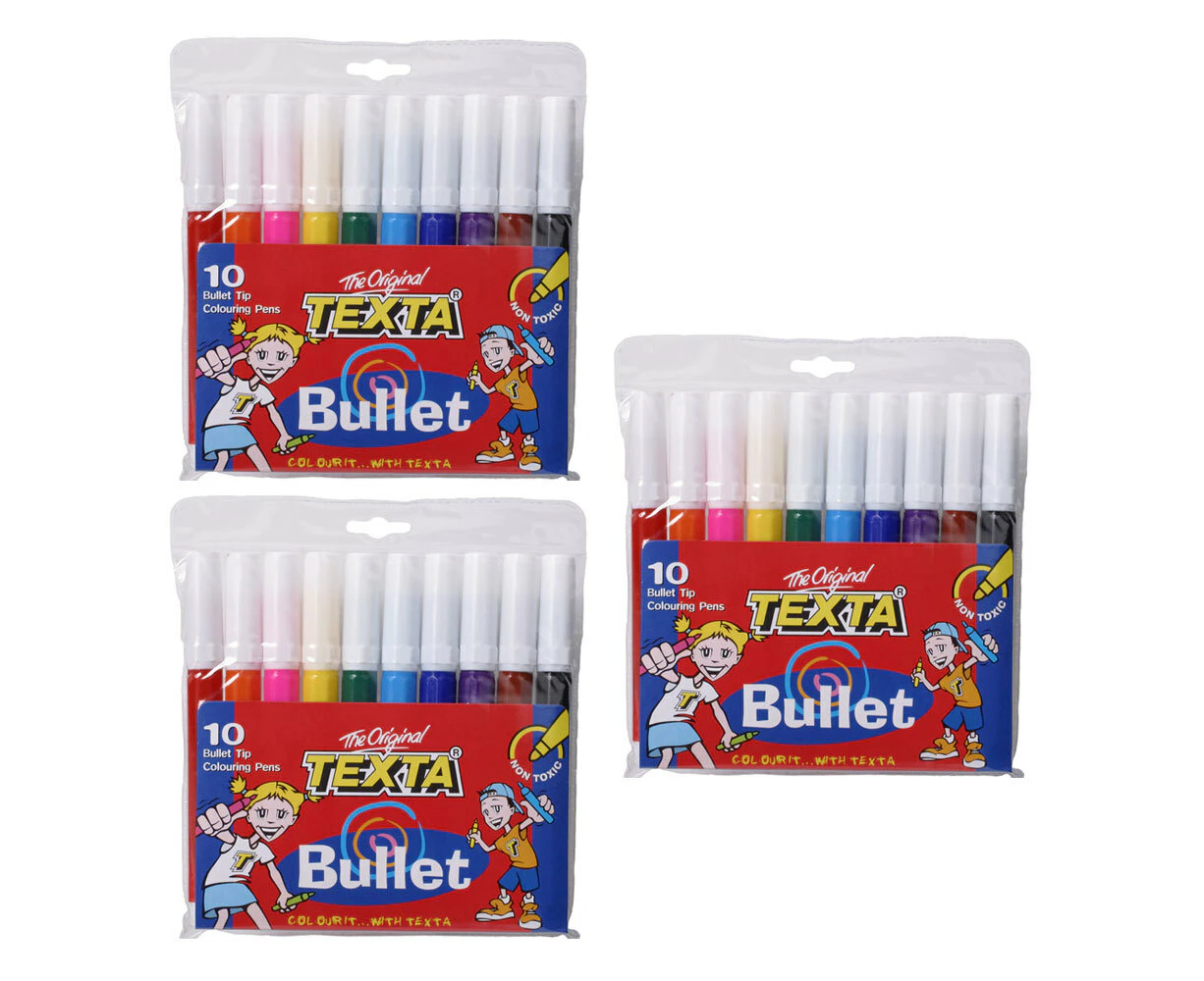 3x 10pc Texta Bullet Tip Colouring Pens Drawing Art Marker Water Based f/ Kids