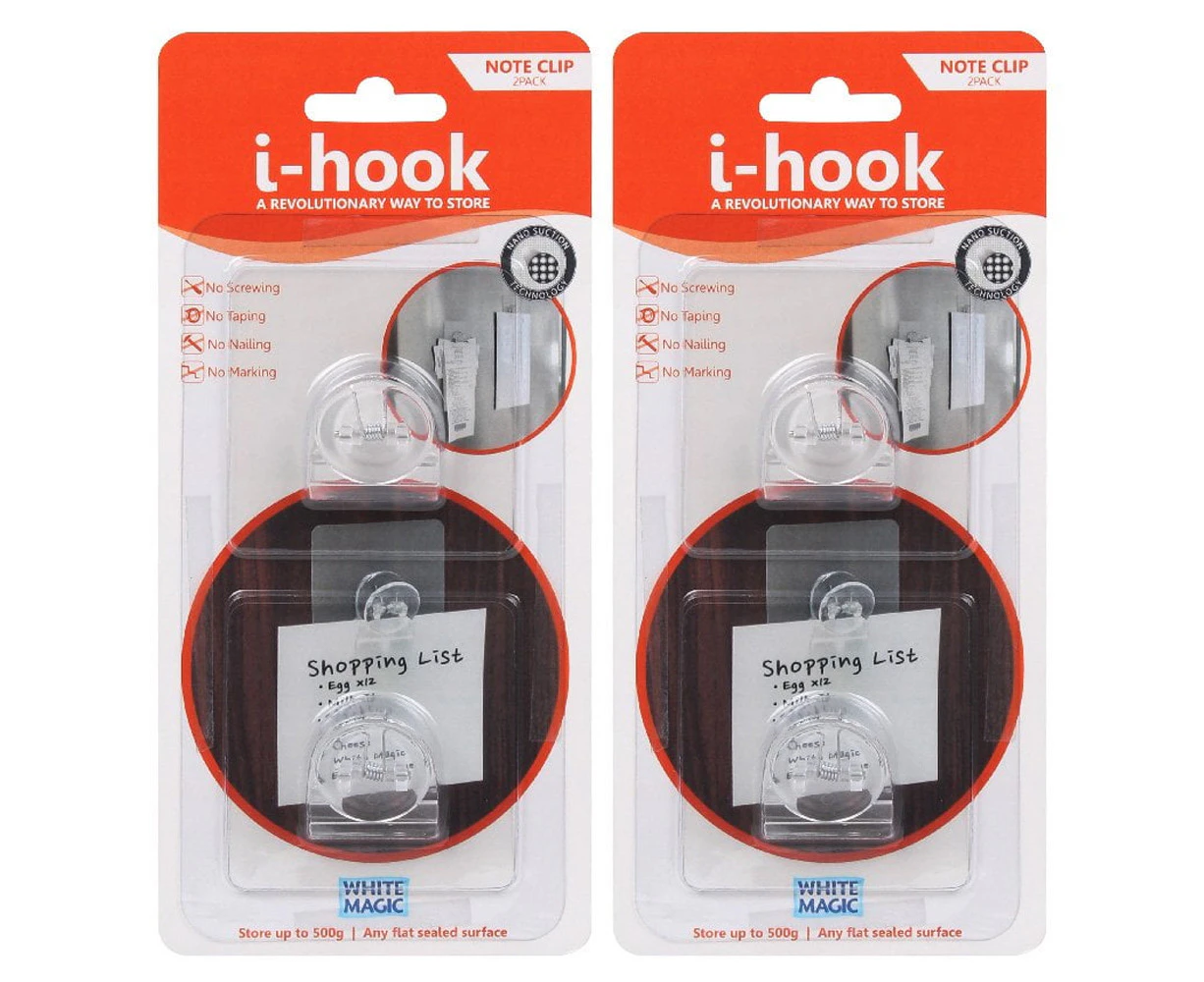 2x 2pc I-Hook Multi-Surface Wall Adhesive 6.8x2cm Memo Note Clip/Message Holder