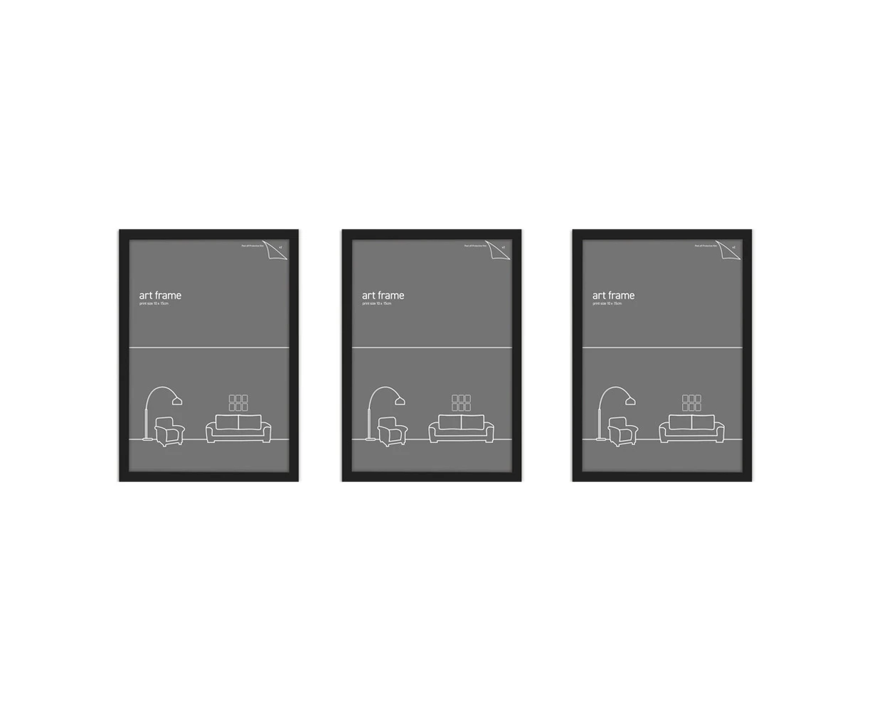 3x Frames & Hangers 10x15cm Wall Hanging Sleek Picture/Photo/Poster Frame Black