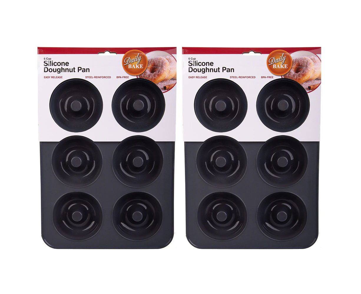 2x Daily Bake Non Stick Silicone 6 Cup Doughnut Pan Baking Mould w/Steel Frame