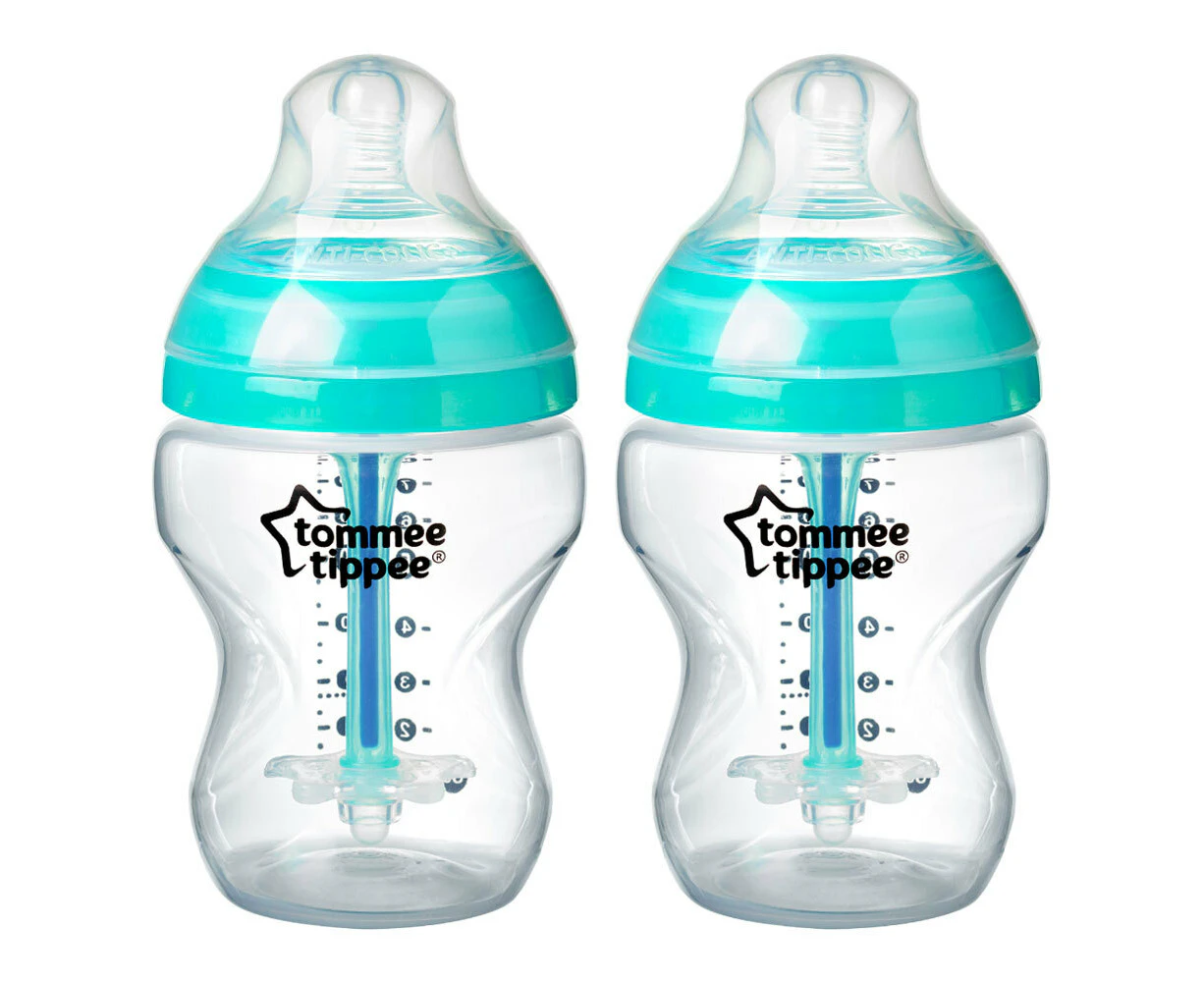 2PK Tommee Tippee Baby 0m+ 260ml Bottle w/ Heat Sensing Tube/Silicone Teat Clear