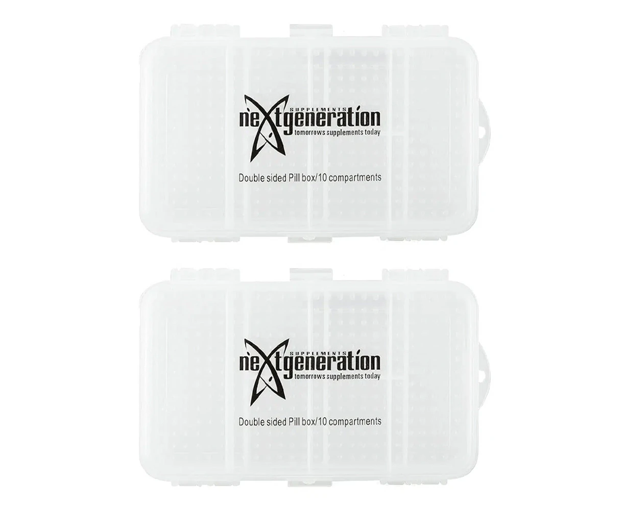 2x Next Generation Supplements Travel Double Side Pill/Capsule Box 10 Slot Clear