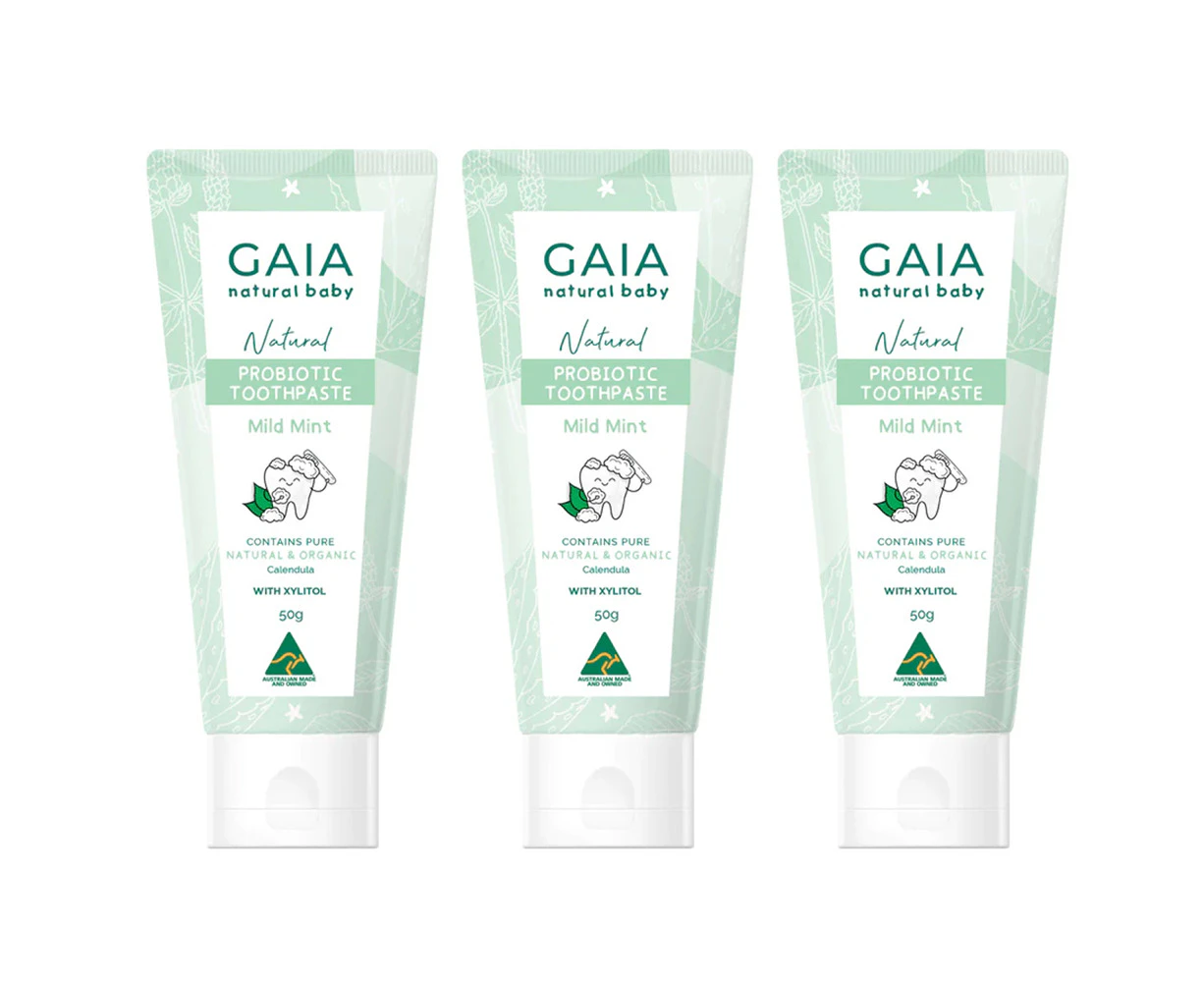 3PK Gaia Natural Baby Oral Mild Mint Probiotic Fluoride Free Toothpaste 50g 6m+