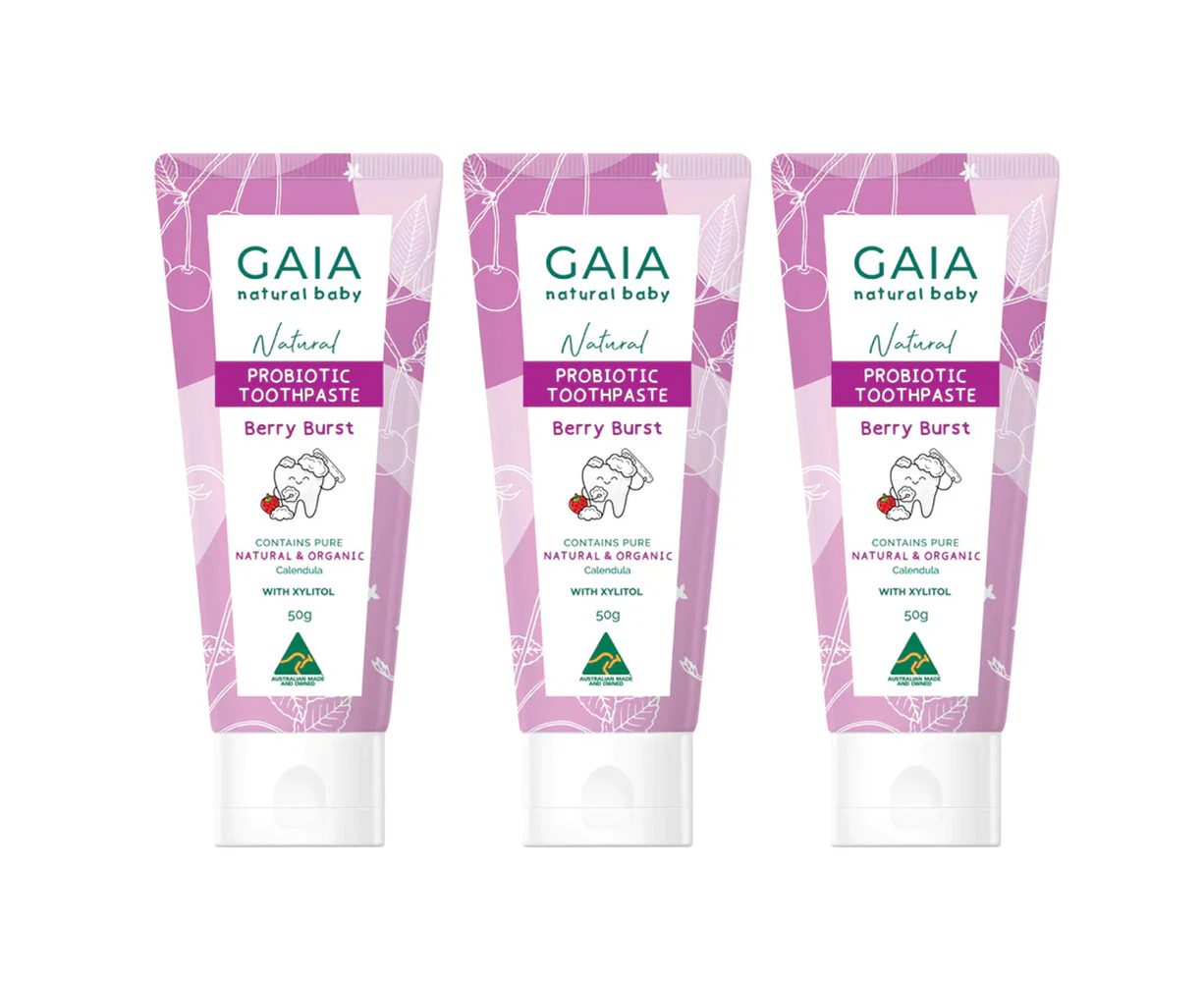 3PK Gaia Natural Baby Care Berry Burst Probiotic Toothpaste No-Fluoride 50g 6m+