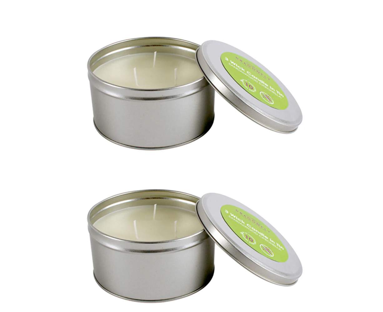 2x Dragonfly 3-Wick Sandalwood Citronella 14cm Wax Candle in Tin Home Fragrance