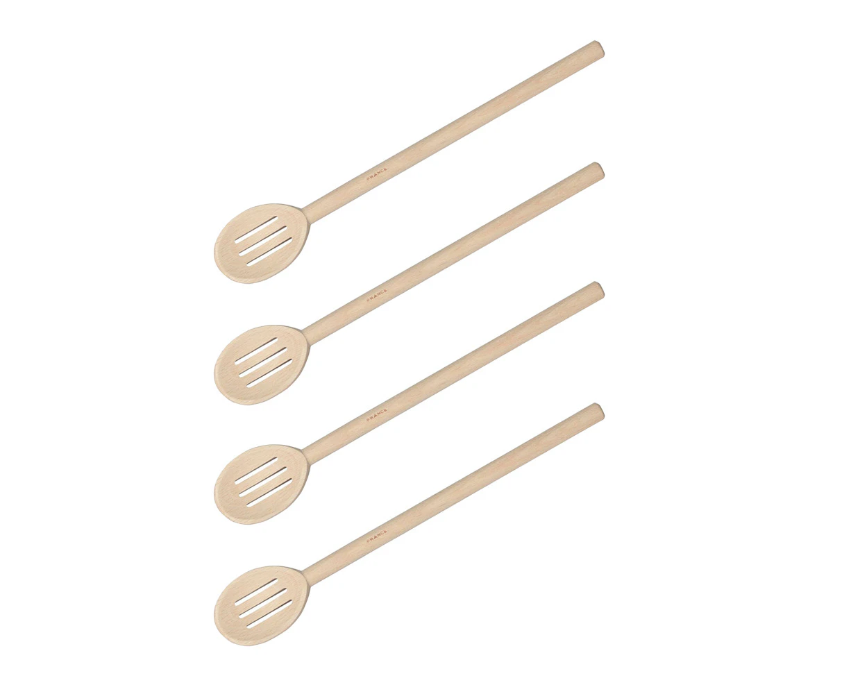 4x Euroline 30cm Wooden Slotted Spoon Kitchen Stirring Cooking Utensil Beige