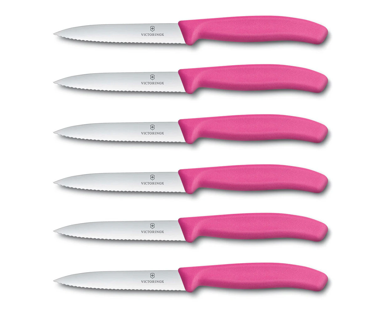 6x Victorinox 10cm Pointed Serrated Wavy Tip Kitchen Knife Stainless Steel Pink