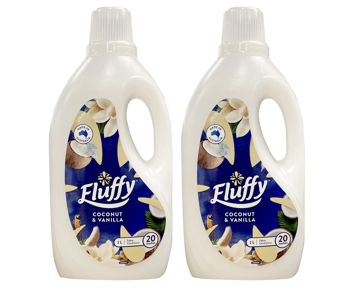 2x Fluffy 2L Fabric Top/Front Laundry Conditioner/Softener Coconut & Vanilla