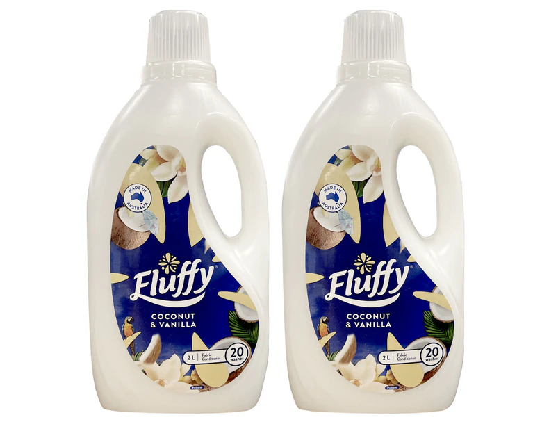 2x Fluffy 2L Fabric Top/Front Laundry Conditioner/Softener Coconut & Vanilla