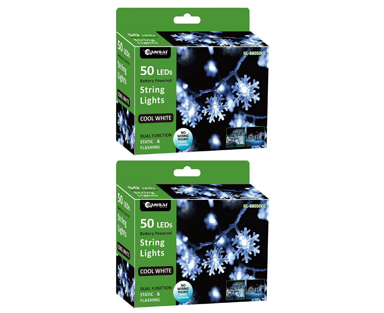 2x Sansai 50 LED Battery Snowflake Decorative/Christmas String Lights Cool White