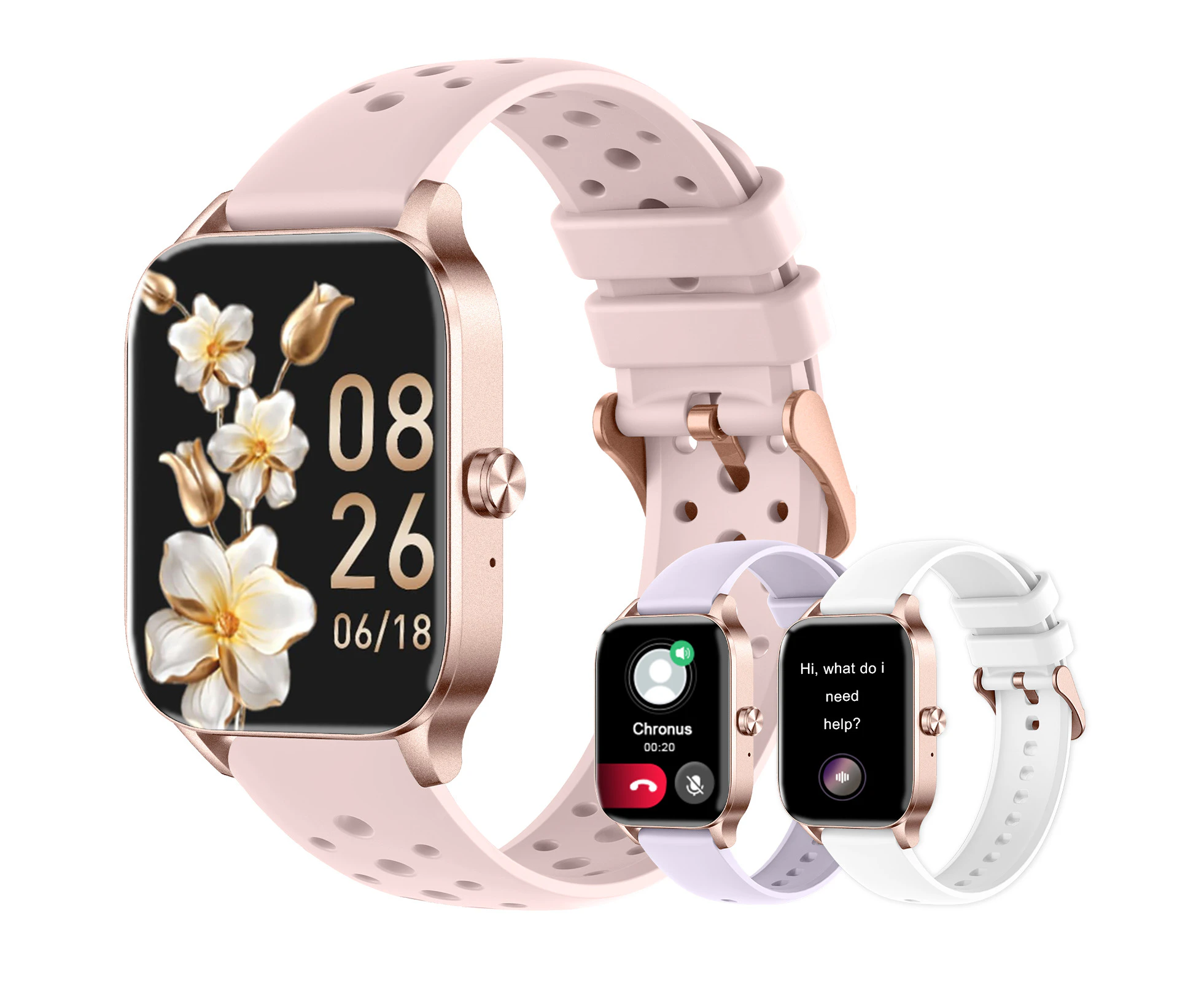 Smartwatch for Women 1.83''Full Touch Screen-AI Voice-/Calories/ 100+ Sports Modes-3 Straps(Rose Gold)