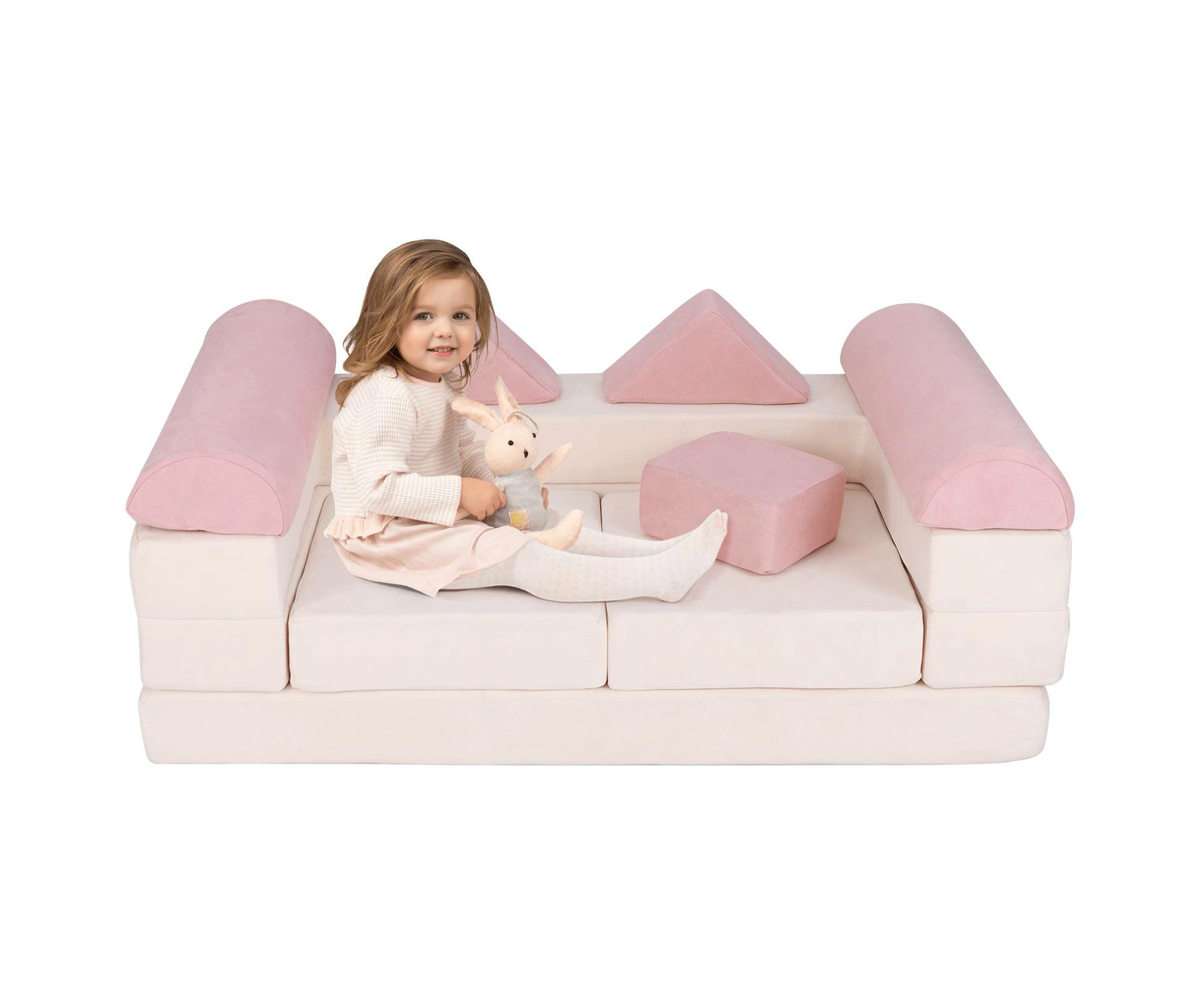 Giantex Kids Play Couch Modular Sofa Foam Couch w/Breathable Suede Fabric Beige & Pink