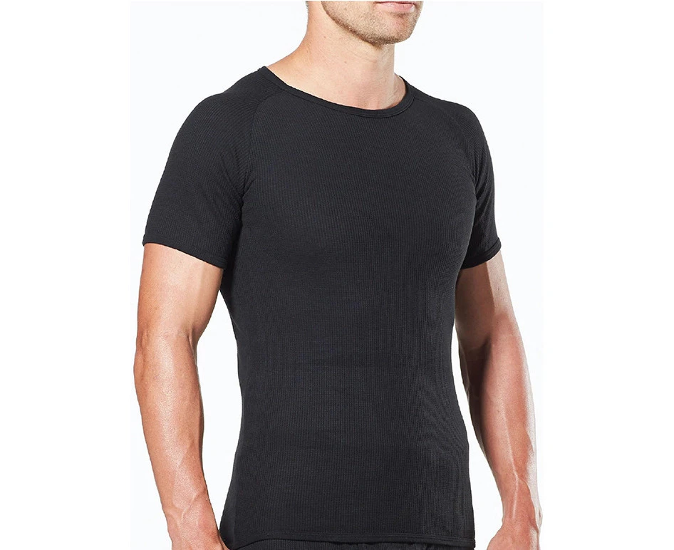 Mens Thermal Short Sleeve Top T Shirt Baselayer Cotton Blend Winter - Black