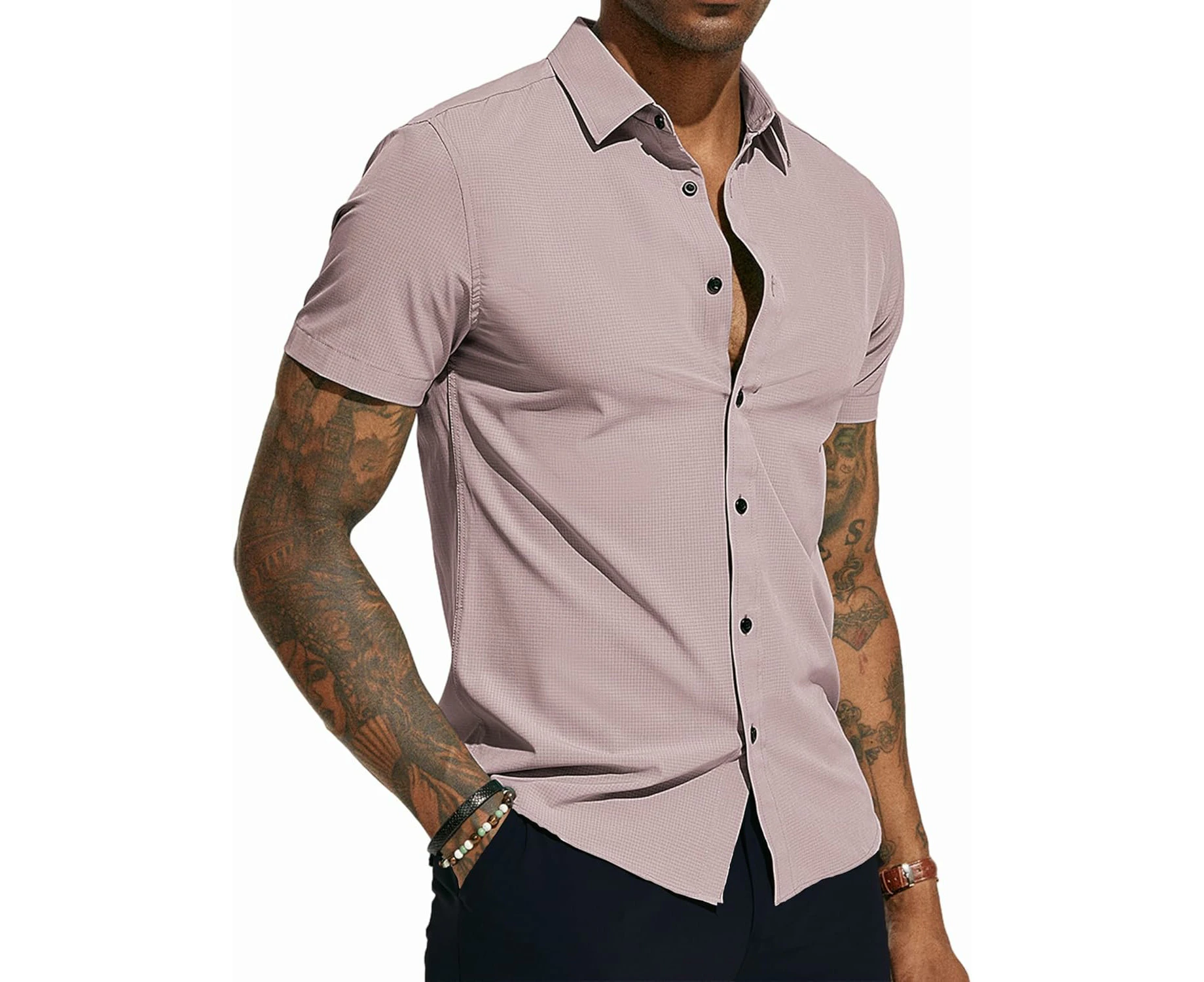 Mens Short Sleeve Button Down Shirts Wrinkle Free Stretch Dress Shirts for Men Casual Formal Shirt