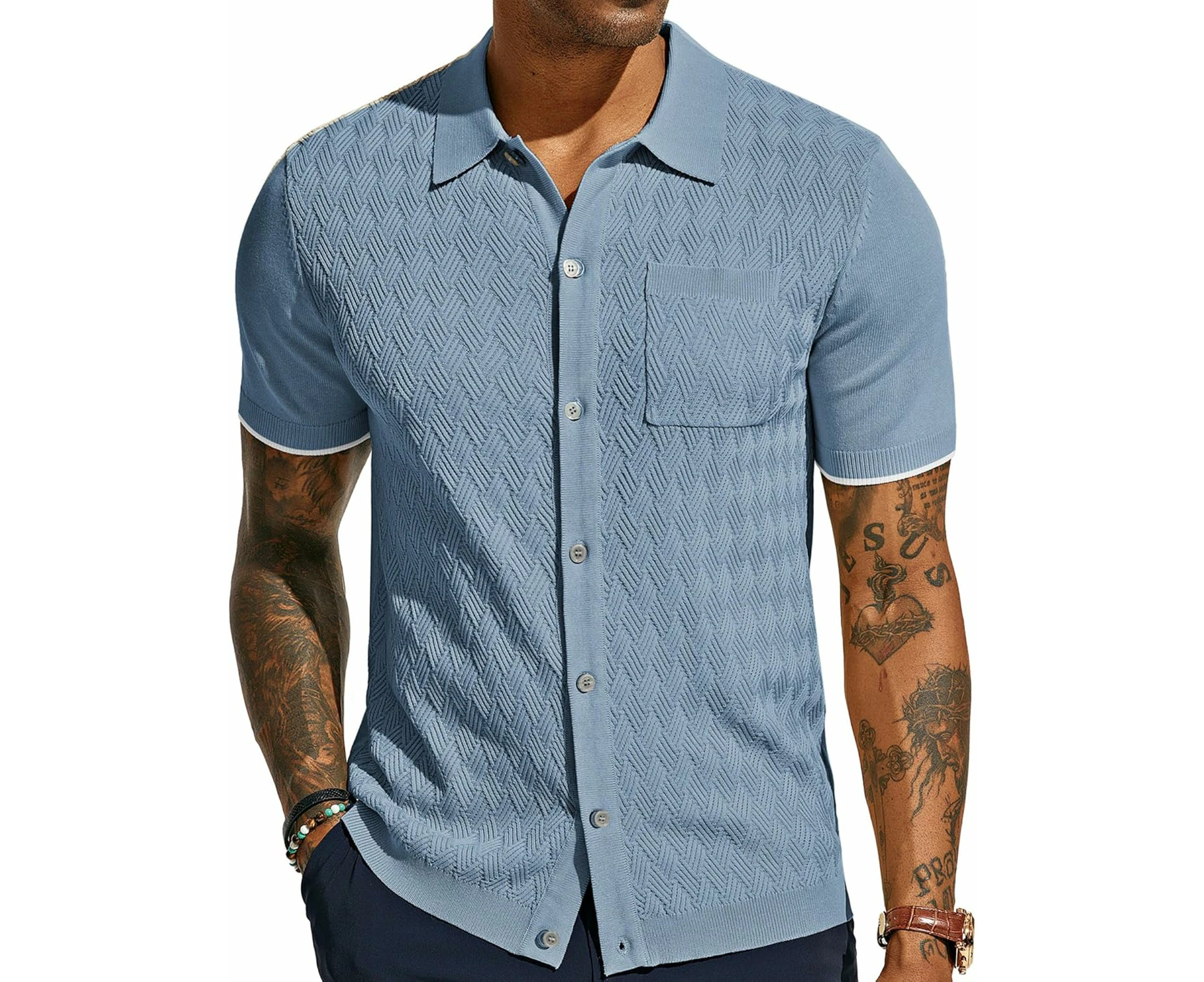 Mens Polo Shirt Short Sleeve Casual Knit Textured Button Down Polo Shirts with Pocket