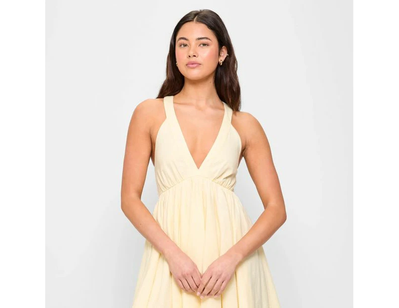 Linen Blend V-Neck Tie Back Mini Dress - Lily Loves