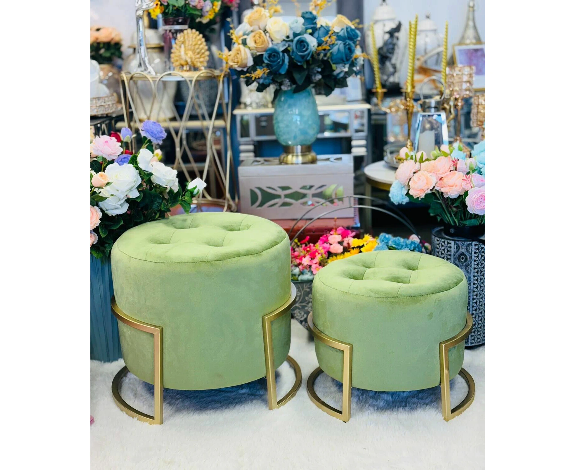 Premium OTM-L2-VELVET BU round shaped footstools in pickle green-2pieces