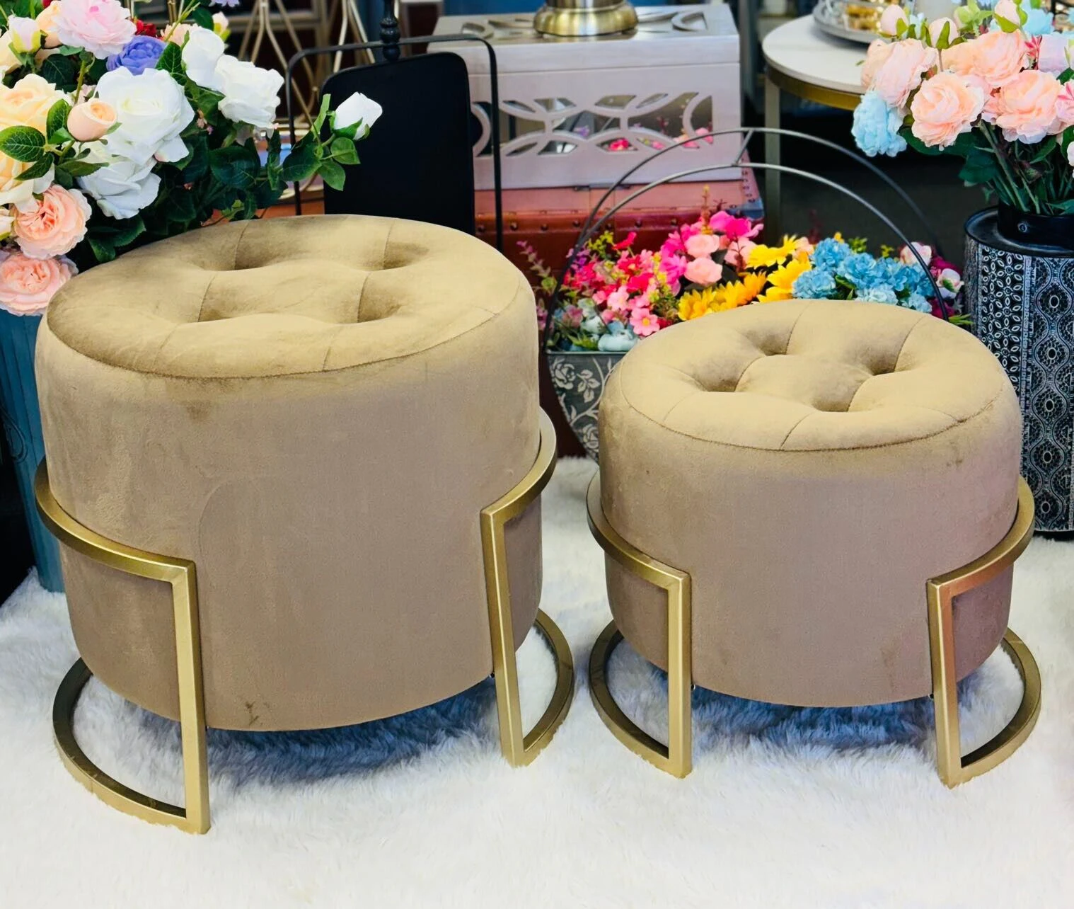 Premium OTM-L2-VELVET BU round shaped footstools in medium brown -2pieces