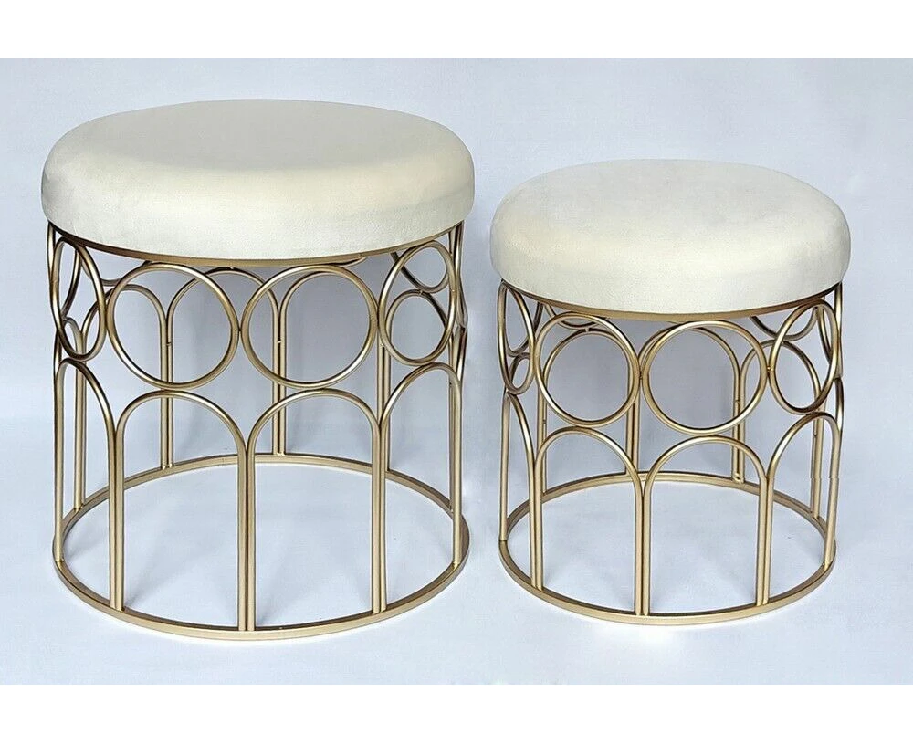 Handmade velvet round ottomans with metal gold base in Ivory-sets of 2