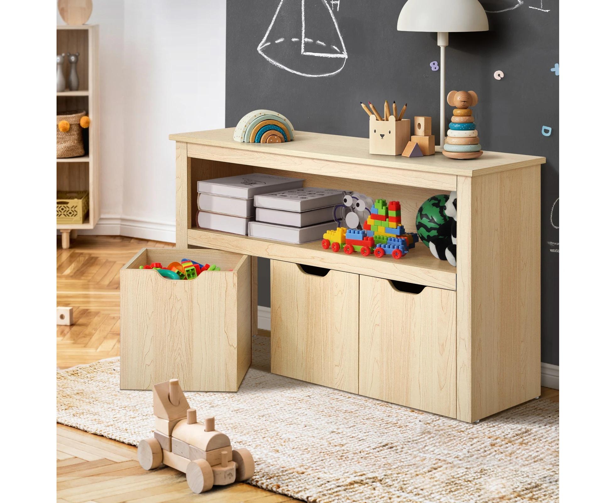 Oikiture Kids Toy Storage Box Display Organizer with Bookshelf Natural