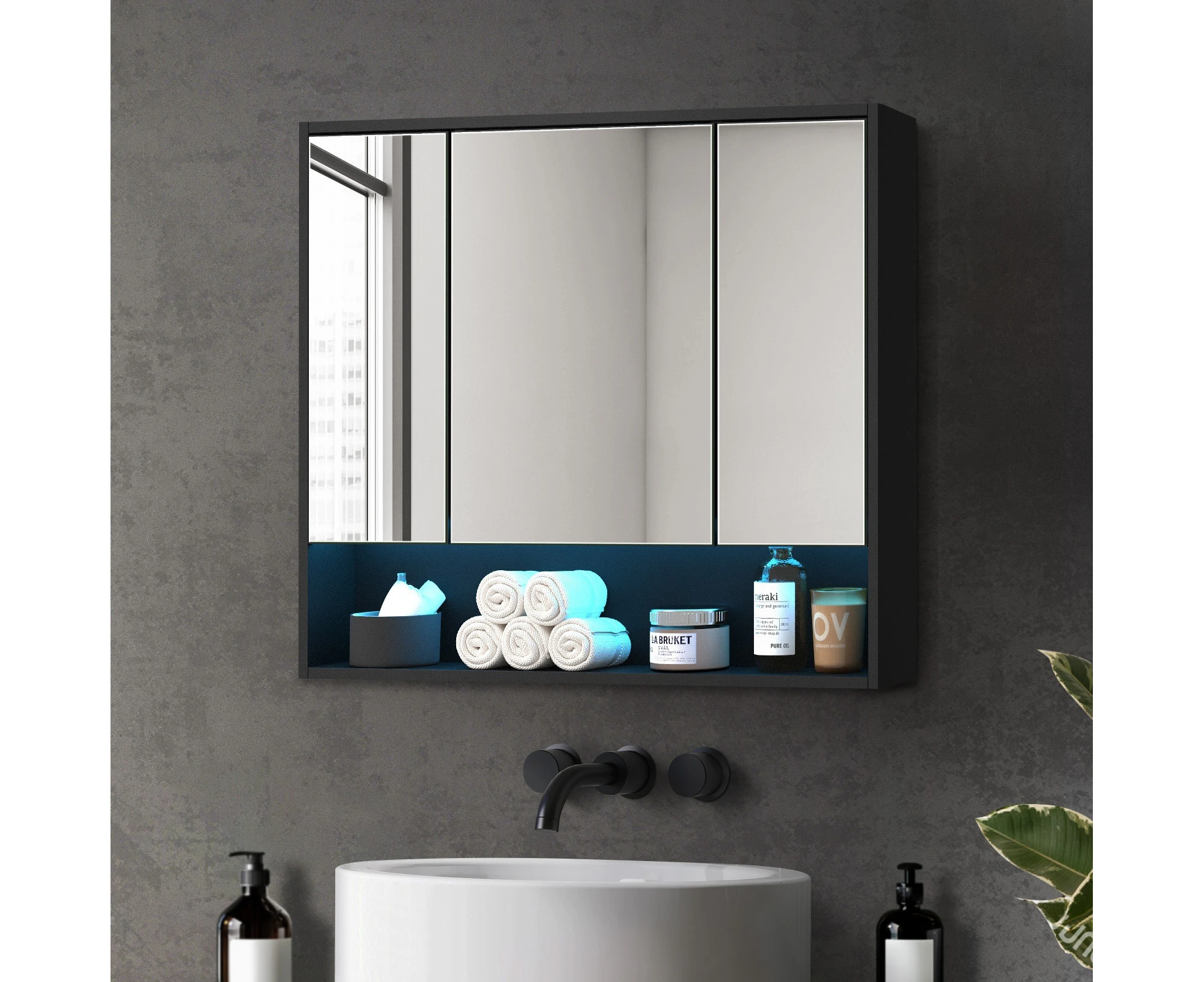 Welba Bathroom Mirror Cabinet LED Medicine Shaving Wall Storage 900x750mm Black