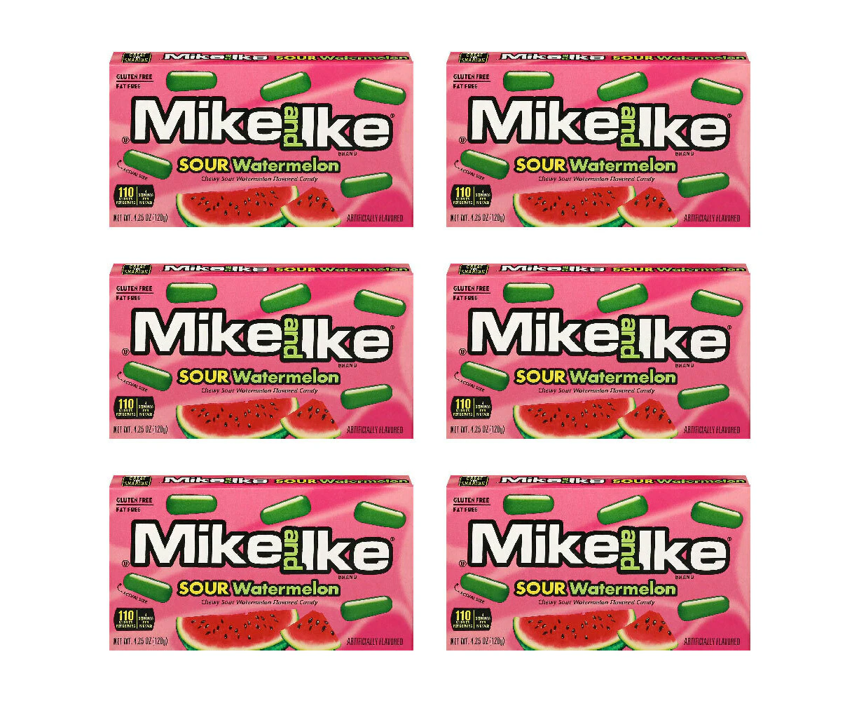 6x Mike & Ike Sour Watermelon Flavour Kids/Child Chewy Candy 120g Theatre Boxes