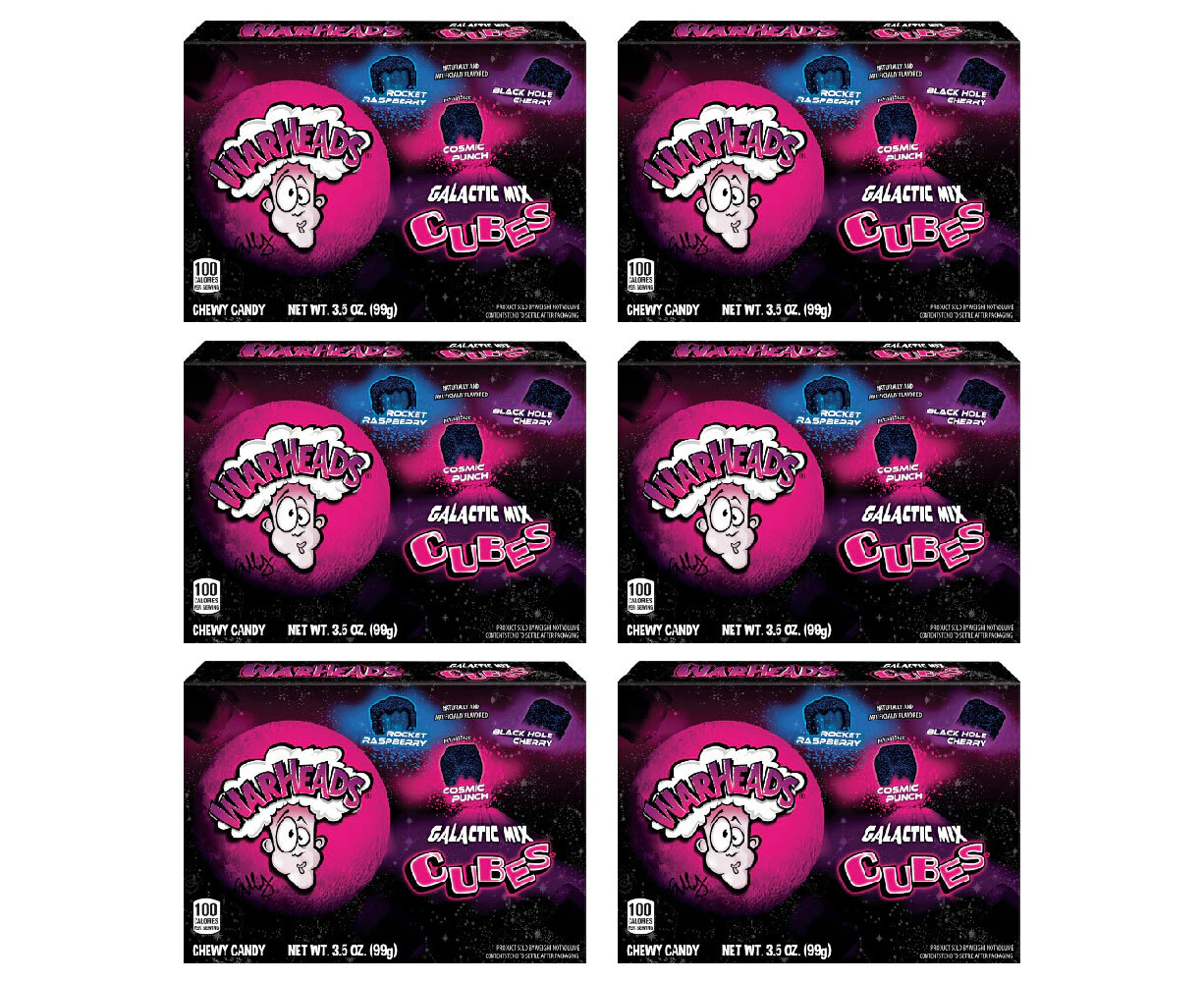 6x Warheads Galactic Mix Cubes Kids/Children Chewy Candy Lollies 99g Theater Box