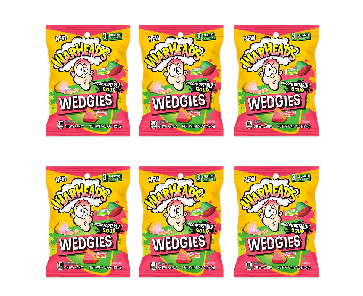 6x Warheads Wedgies Assorted Flavour Sour Kids/Children Chewy Candy Bag 127g