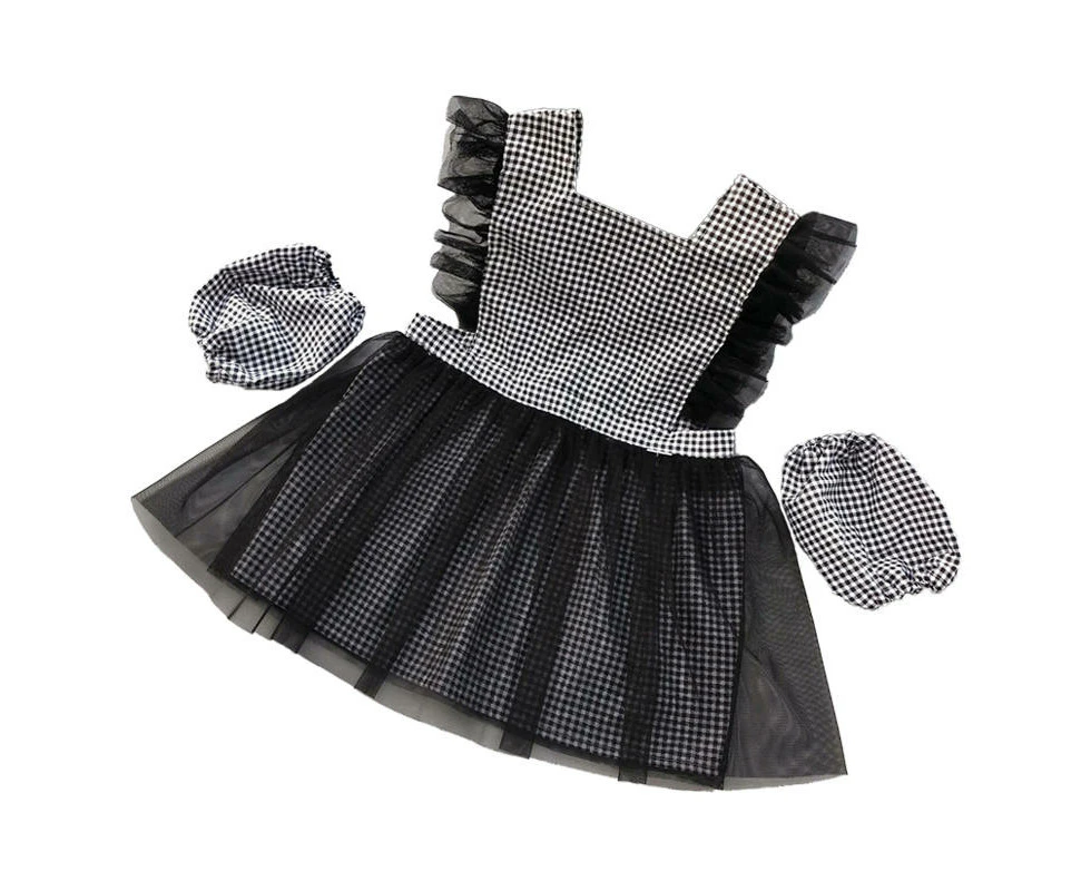 Madesmart Girls Princess Dress Apron with Sleeves Covers for Cooking Painting-Black Plaid