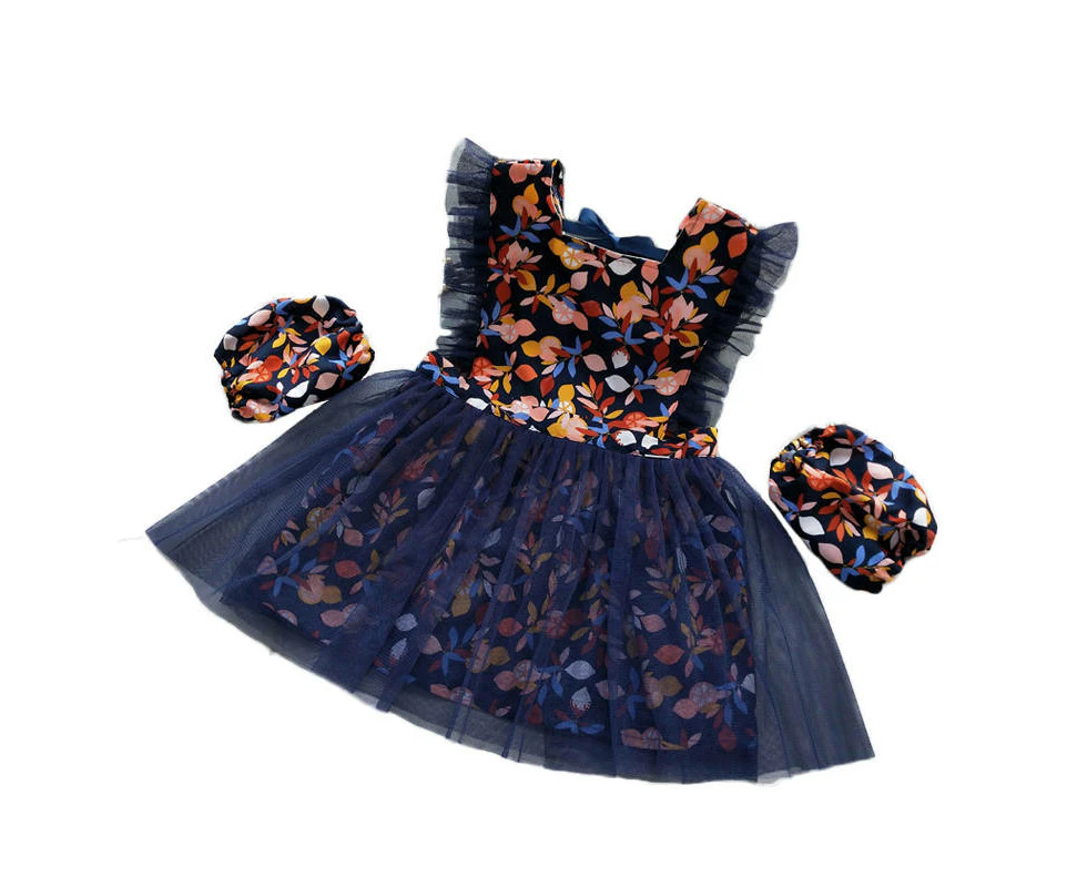 Madesmart Girls Princess Dress Apron with Sleeves Covers for Cooking Painting-Navy Leaves