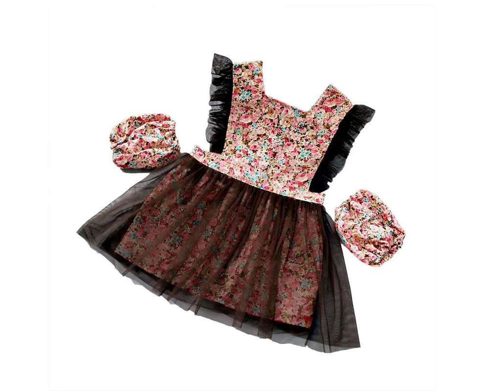 Madesmart Girls Princess Dress Apron with Sleeves Covers for Cooking Painting-Dark Coffee Flowers