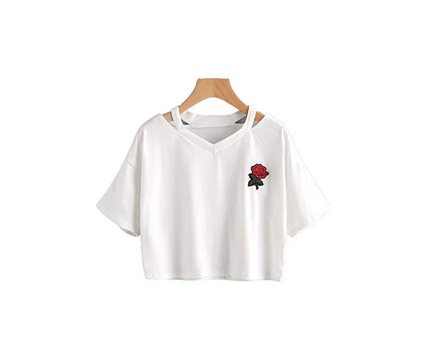 Dadawen Fashion Embroidery Teen Girls Rose Crop Top Short Sleeve T-Shirt-White