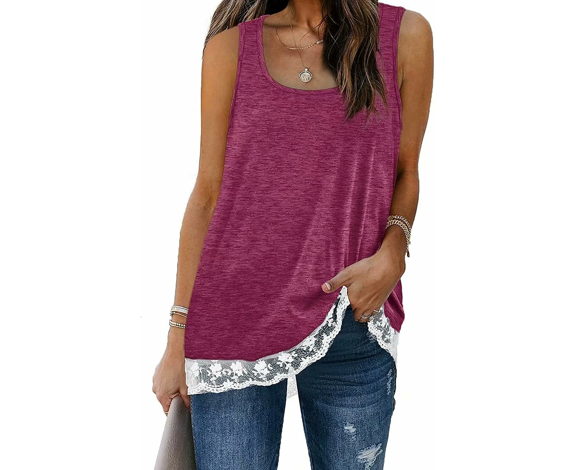 Womens Blouse Summer U Neck Sleeveless Blouses Lace Trim T-Shirts-Purple Red