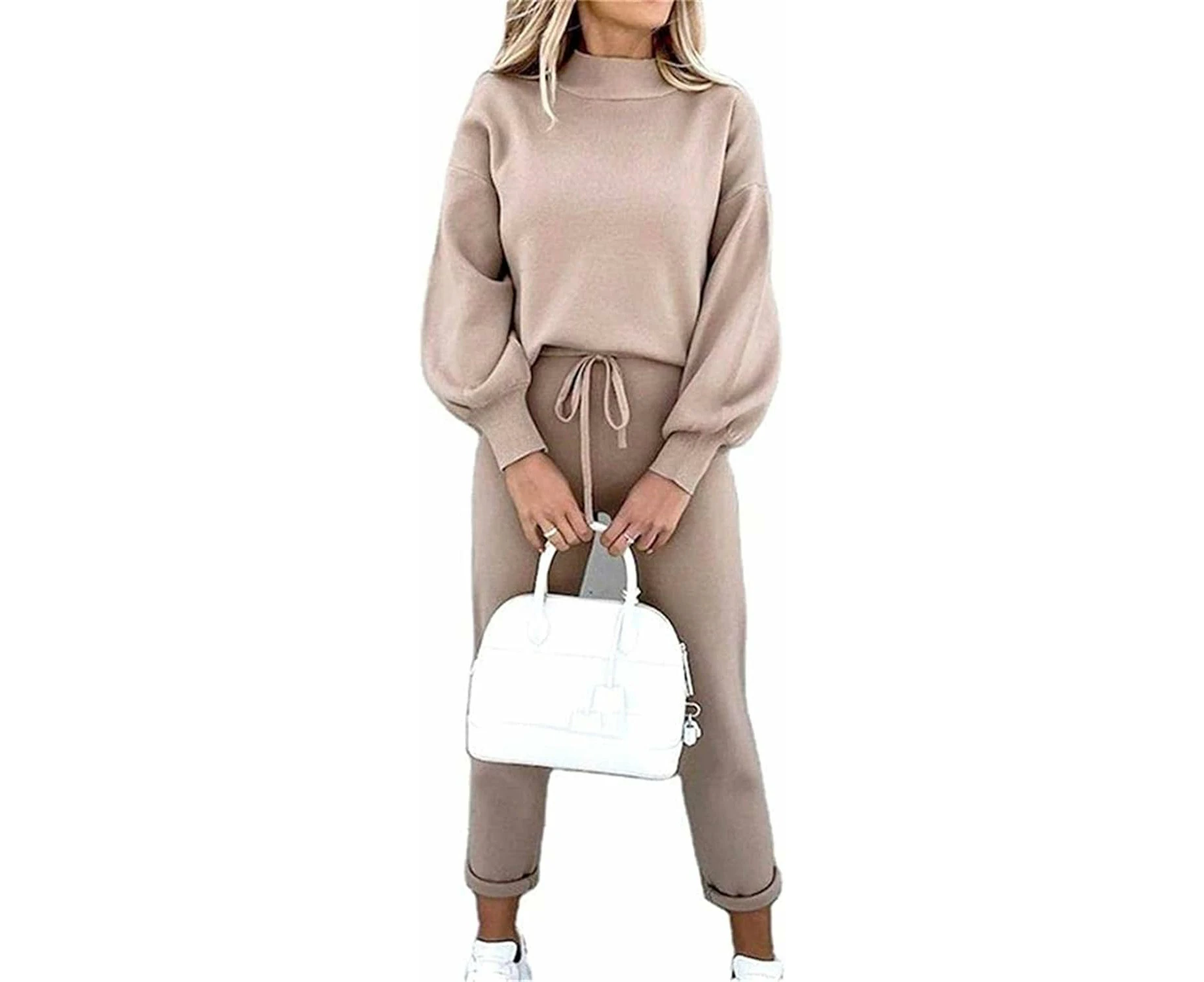 Women's Jogging Suit Tracksuit Leisure Casual Two-Piece Trouser Suit with Pockets - Khaki